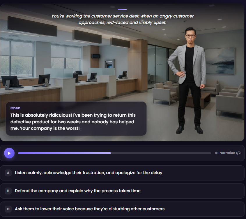 A branching role-play scenario built in Scenario Studio: a customer-service simulation with a character, narration bar, and multiple-choice responses